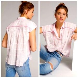 NWT Anthropologie Pilcro Serena Pink Ladder Lace Surf Henley Oversized Blouse- M